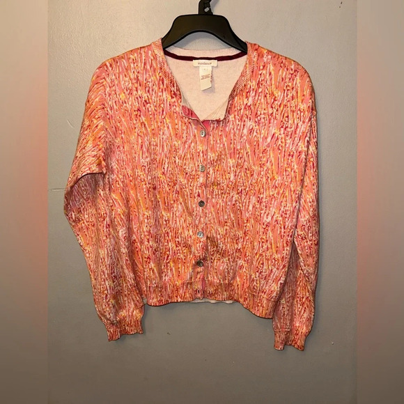Sundance sweater - pink/orange abstract print button front fitted cardigan - Picture 1 of 9